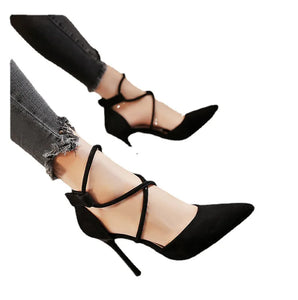 Suede Pointed Cross Toe Strap High Heel Shoes