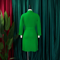 Notched Collar Full Sleeve Sashes Pleated Dress