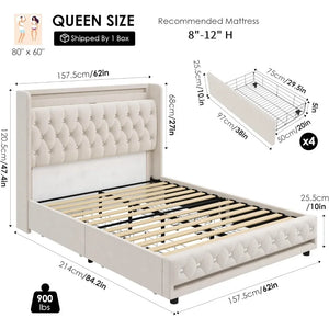 LED Bed Frame Charging Station and 4 Storage Drawers PU Upholstered Platform Bed